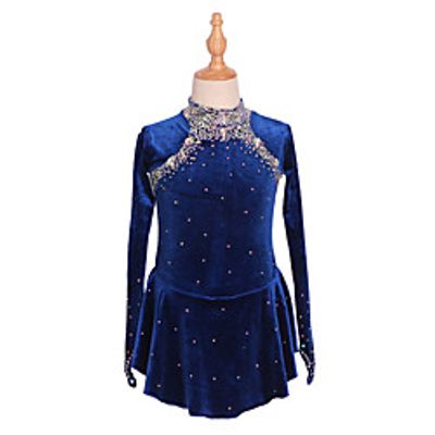 Figure Skating Dress Women's Girls' Ice Skating Dress Dark Navy Asymmetric Hem Spandex Velvet High Elasticity Training Competition Skating Wear Patchwork Solid Color Crystal  Rhinestone Long Sleeve Lightinthebox