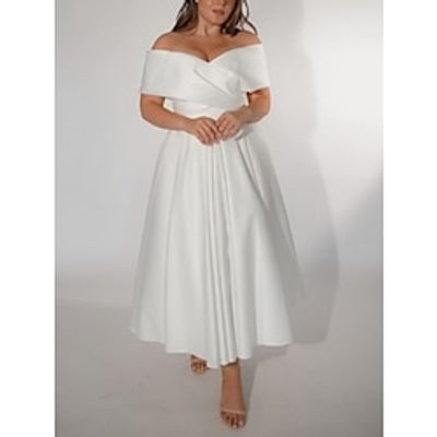 Casual Wedding Dresses A-Line Off Shoulder Short Sleeve Ankle Length Satin Bridal Gowns With Pleats Solid Color 2023 Lightinthebox