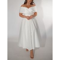 Casual Wedding Dresses A-Line Off Shoulder Short Sleeve Ankle Length Satin Bridal Gowns With Pleats Solid Color 2023 Lightinthebox - thumbnail