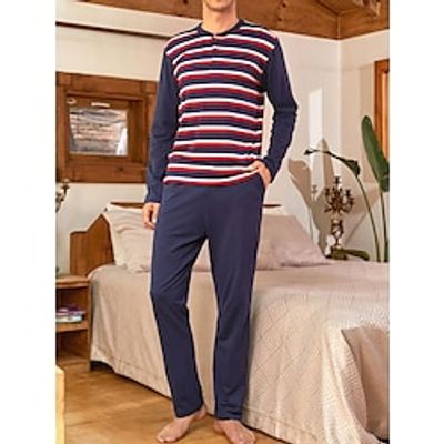 Men's Loungewear Sleepwear Pajama Set Pajama Top and Pant 2 Pieces Stripe Stylish Casual Comfort Home Daily Bed Polyester Comfort Soft Henley Long Sleeve T shirt Tee Pant Drawstring Elastic Waist Lightinthebox