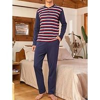 Men's Loungewear Sleepwear Pajama Set Pajama Top and Pant 2 Pieces Stripe Stylish Casual Comfort Home Daily Bed Polyester Comfort Soft Henley Long Sleeve T shirt Tee Pant Drawstring Elastic Waist Lightinthebox - thumbnail