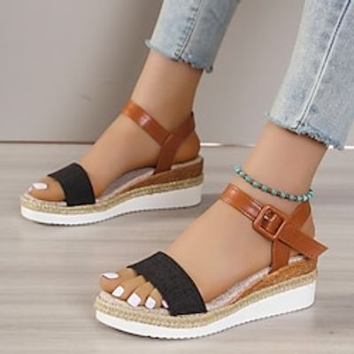 Women's Sandals Wedge Sandals Daily Summer Wedge Heel Round Toe Casual Walking Shoes Canvas Buckle Plaid Black Brown Beige Lightinthebox