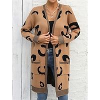 Women's Cardigan Open Front Ribbed Knit Acrylic Knitted Front Pocket Fall Winter Long Outdoor Daily Going out Stylish Casual Soft Long Sleeve Leopard Fuchsia Khaki S M L miniinthebox - thumbnail