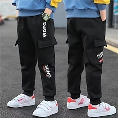 Kids Boys Pants Trousers Letter Comfort Pants School Cool Daily Black with green text [single pants] Black red stripe-velvet version Black and yellow strips-velvet version Mid Waist Lightinthebox