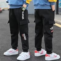 Kids Boys Pants Trousers Letter Comfort Pants School Cool Daily Black with green text [single pants] Black red stripe-velvet version Black and yellow strips-velvet version Mid Waist Lightinthebox - thumbnail