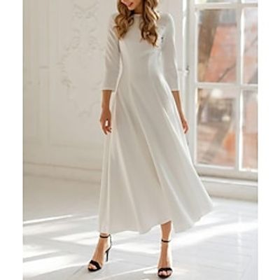Hall Little White Dresses Wedding Dresses A-Line Scoop Neck 34 Length Sleeve Tea Length Satin Bridal Gowns With Pleats Solid Color 2023 Lightinthebox