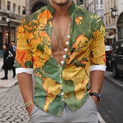 Map Vintage Men's Shirt Linen Shirt Daily Wear Going out Weekend Spring  Summer Standing Collar Long Sleeve Yellow, Pink, Blue S, M, L Slub Fabric Shirt Lightinthebox