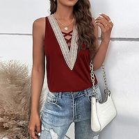 Tank Women's Black Wine Color Block Lace Street Daily Fashion V Neck Regular Fit S Lightinthebox