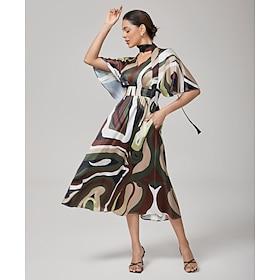 Camouflage Satin V Neck Cinched Dress