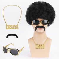 4pcs Set (GlassesMustacheNecklaceWig) Afro Wig Men, 1970s Wig for Men, 70s Wigs for Men, 80s Wigs for Men, Disco Wig for Halloween, Short Curly Black Afro Wigs for Men Boys Party Lightinthebox - thumbnail