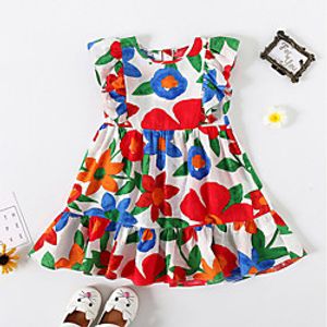Kids Little Girls' Dress Sun Flower Red Floral School Festival Ruffle Print Red Knee-length Sleeveless Princess Dresses Children's Day Summer Regular Fit 3-10 Years miniinthebox