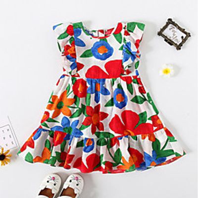 Kids Little Girls' Dress Sun Flower Red Floral School Festival Ruffle Print Red Knee-length Sleeveless Princess Dresses Children's Day Summer Regular Fit 3-10 Years miniinthebox
