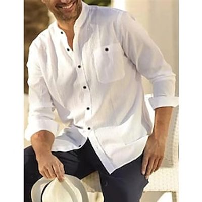 Men's Shirt Button Up Shirt Casual Shirt White Long Sleeve Plain Band Collar Daily Vacation Front Pocket Clothing Apparel Fashion Casual Comfortable Lightinthebox