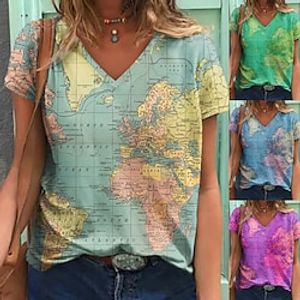 Women's T shirt Tee Blouse pea green Blue Purple Graphic World Map Print Short Sleeve Street Daily Basic Modern V Neck Regular S miniinthebox