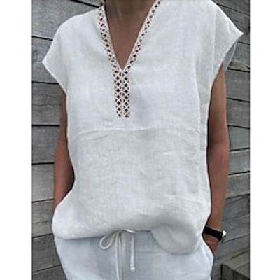 Women's Shirt Blouse White Plain Cut Out Short Sleeve Casual Basic V Neck Regular Linen S miniinthebox