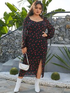 YOINS Plus Size Square Neck Calico Backless Design Slit Design Long Sleeves Maxi Dress
