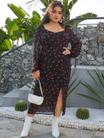 YOINS Plus Size Square Neck Calico Backless Design Slit Design Long Sleeves Maxi Dress - thumbnail