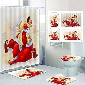 Christmas Pattner 4 Pcs Shower Curtain Set Bathroom Sets Modern Home Bathroom Decor with Bath Mat U Shape and Toilet Lid Cover Mat and 12 Hooks miniinthebox