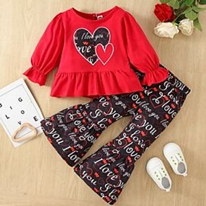 2 Pieces Kids Girls' Valentines Clothing Set Outfit Heart Letter Long Sleeve Print Cotton Set Outdoor Cute Sweet Fall Spring 2-6 Years Red Lightinthebox