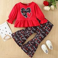 2 Pieces Kids Girls' Valentines Clothing Set Outfit Heart Letter Long Sleeve Print Cotton Set Outdoor Cute Sweet Fall Spring 2-6 Years Red Lightinthebox - thumbnail