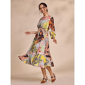 Graphic Rainbow Leaf Belted 3/4 Length Sleeve Midi Dress