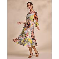 Graphic Rainbow Leaf Belted 3/4 Length Sleeve Midi Dress