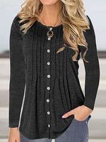 Round Neck Casual Loose Solid Color Button Long Sleeve T-shirt