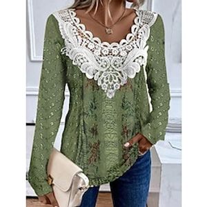 Women's Shirt Blouse Graphic Floral Black Light Green Pink Print Lace Patchwork Long Sleeve Casual Fashion Round Neck Regular Fit Spring   Fall Lightinthebox