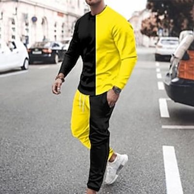 Men's Tracksuit Sweatsuit Yellow Crew Neck Graphic Color Block Casual Daily Holiday Casual Big and Tall Athletic Spring   Fall Clothing Apparel Hoodies Sweatshirts  Long Sleeve Lightinthebox