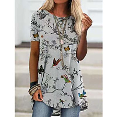 Women's Butterfly T shirt Animal Print Round Neck Tops Chinoiserie Basic Top Gray miniinthebox
