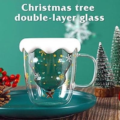 Glass Coffee Mug with Lid and Handle, 10 oz (300 ML) Christmas Tree Shaped Double Wall Insulated Glass Cups Funny Mugs for Christmas Thanksgiving Valentine's Day Creative Birthday Gifts Lightinthebox