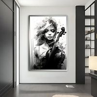 Girl Instrument Black and White portrait Handpainted girl painting on canvas for interior Home Wall living room Decor No Frame miniinthebox - thumbnail