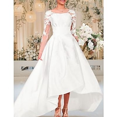 Little White Dresses Wedding Dresses Two Piece Scoop Neck Long Sleeve Asymmetrical Charmeuse OverSkirts Bridal Gowns With Embroidery Solid Color 2023 Lightinthebox