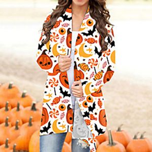 Women's Coat Halloween Street Fall Winter Long Coat V Neck Regular Fit Warm Breathable Casual Jacket Long Sleeve Print Skull Print Purple Yellow Light Brown miniinthebox