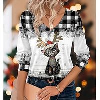 Christmas Shirt Women's T shirt Tee Plaid Cat Black Print Long Sleeve Christmas Weekend Festival  Holiday V Neck Regular Fit Spring   Fall Lightinthebox - thumbnail