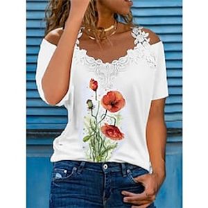 Women's T shirt Tee Pink Red Blue Floral Butterfly Print Short Sleeve Casual Holiday Basic Cold Shoulder Regular Floral Butterfly S Lightinthebox