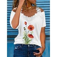Women's T shirt Tee Pink Red Blue Floral Butterfly Print Short Sleeve Casual Holiday Basic Cold Shoulder Regular Floral Butterfly S Lightinthebox - thumbnail