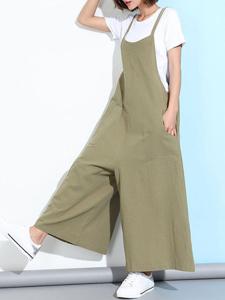 Casual Sleeveless Straps Pockets Solid Color Wide Leg Jumpsuits