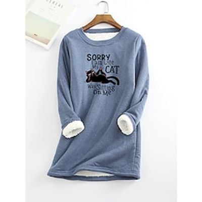 Women's Sweatshirt Pullover Fleece Funny Fuzzy Teddy Black Yellow Pink Cat Letter Casual Sports Round Neck Long Sleeve Top Micro-elastic Fall  Winter Lightinthebox