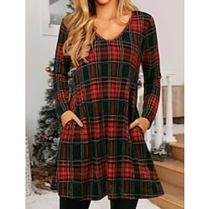 Women's Christmas Tartan Dress Casual Dress T Shirt Dress Tee Dress  Short Mini Dress Red Long Sleeve Plaid Snowflake Candy Ruched Print Fall Winter V Neck Casual Modern 2022 S M L XL XXL 3XL Lightinthebox