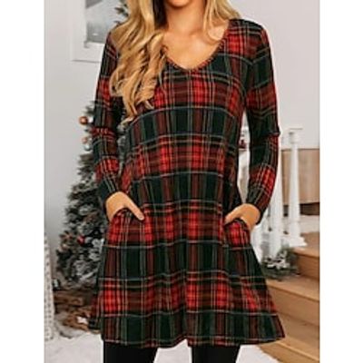 Women's Christmas Tartan Dress Casual Dress T Shirt Dress Tee Dress  Short Mini Dress Red Long Sleeve Plaid Snowflake Candy Ruched Print Fall Winter V Neck Casual Modern 2022 S M L XL XXL 3XL Lightinthebox