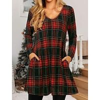 Women's Christmas Tartan Dress Casual Dress T Shirt Dress Tee Dress  Short Mini Dress Red Long Sleeve Plaid Snowflake Candy Ruched Print Fall Winter V Neck Casual Modern 2022 S M L XL XXL 3XL Lightinthebox - thumbnail