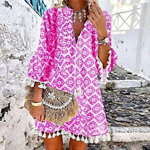 Women's A Line Dress Short Mini Dress Pink 3/4 Length Sleeve Floral Tassel Fringe Print Spring Summer V Neck Stylish Casual Modern 2021 S M L XL XXL miniinthebox