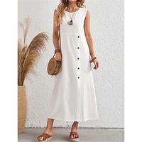Women's White Dress Casual Dress Cotton Linen Dress Maxi long Dress Linen Cotton Blend Basic Modern Daily Weekend Crew Neck Button Sleeveless Summer Spring Loose Fit White Plain S M L XL 2XL Lightinthebox