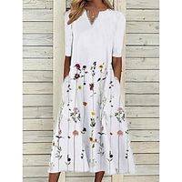 Women's Casual Dress Midi Dress White Short Sleeve Print Print Spring Summer V Neck Stylish Loose Fit 2023 S M L XL XXL 3XL miniinthebox - thumbnail