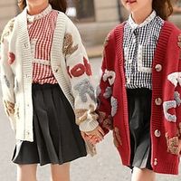 Kids Girls' Cardigan Letter School Long Sleeve Button Active 7-13 Years Spring off white Red Lightinthebox - thumbnail