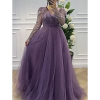 A-Line Prom Dresses Elegant Dress Formal Sweep  Brush Train Long Sleeve V Neck Tulle with Glitter Pleats 2023 Lightinthebox - thumbnail