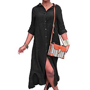 Women's Shirt Dress Maxi long Dress Gray Black 3/4 Length Sleeve Solid Color Split Fall Shirt Collar Casual Regular Fit 2021 S M L XL XXL miniinthebox
