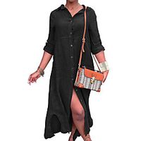Women's Shirt Dress Maxi long Dress Gray Black 3/4 Length Sleeve Solid Color Split Fall Shirt Collar Casual Regular Fit 2021 S M L XL XXL miniinthebox - thumbnail