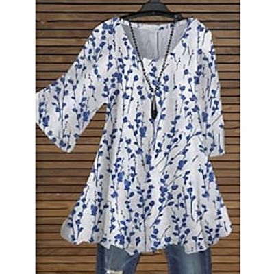 Women's Plus Size Tops Blouse Shirt Floral Leaf Print 34 Length Sleeve Crewneck Streetwear Daily Holiday Cotton Spandex Jersey Fall Spring Green Blue Lightinthebox